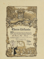 Vorschaubild von Urkunde und Fotografien einer "Neptuntaufe" auf der S.M.S. Vineta